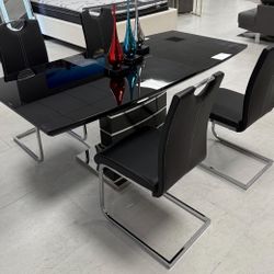 Black Glossy Chrome Modern 5 Piece Dining Table Set 