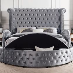 Brand New Grey Velvet Queen Storage Platform Bed Frame (Available In Eastern King)