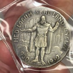1930 Iceland Silver Commemorative AU Toned 5 Kronur Coin 