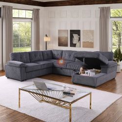 Corduroy 114” Pull-out Sleeper Sofa Bed Sectional Couch With Storage Chaise