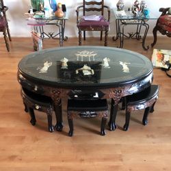 Asian Style Black Lacquered Table With 6 Stools 
