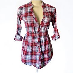 Miley Cyrus Max Azria Womens Red White Plaid Button Up V Neck Flannel Size Med