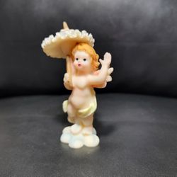 Vintage Angel Figurine Blue Umbrella Collectible Colorful Cherub Handpainted
