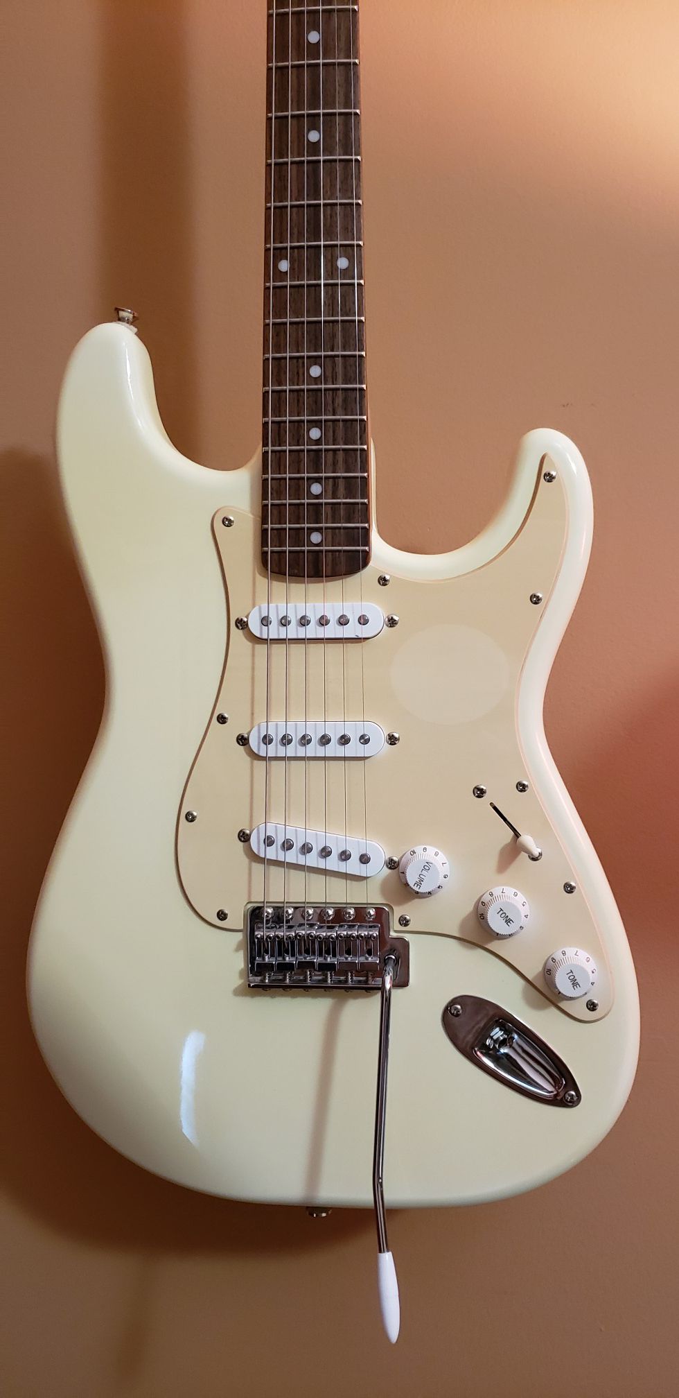 Fender Stratocaster guitar squier with soft gig bag , very good condition .Sounds amazing for this level of guitar made by fender.