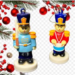Vintage 1980s 2 Plastic Nutcracker Soldier Ornaments In Red And Blue, 3”