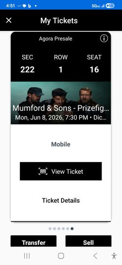 Mumford & Sons, Front Row, Upper Section, Seats 15-16