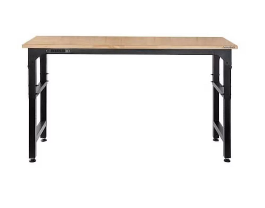 72 in. W x 23 in. D Adjustable Height Black Workbench, Solid Wood Top for Heavy Duty Welded Steel Garage Storage System