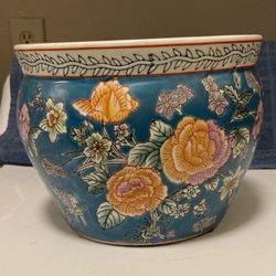 Stunning Colorful Blue Floral Glazed Ceramic Pot 