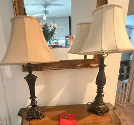 Pair of Traditional Dark Bronze Table Lamps with Cream Shades
