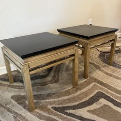 Two Vintage Modern End Tables Wood Black Tops