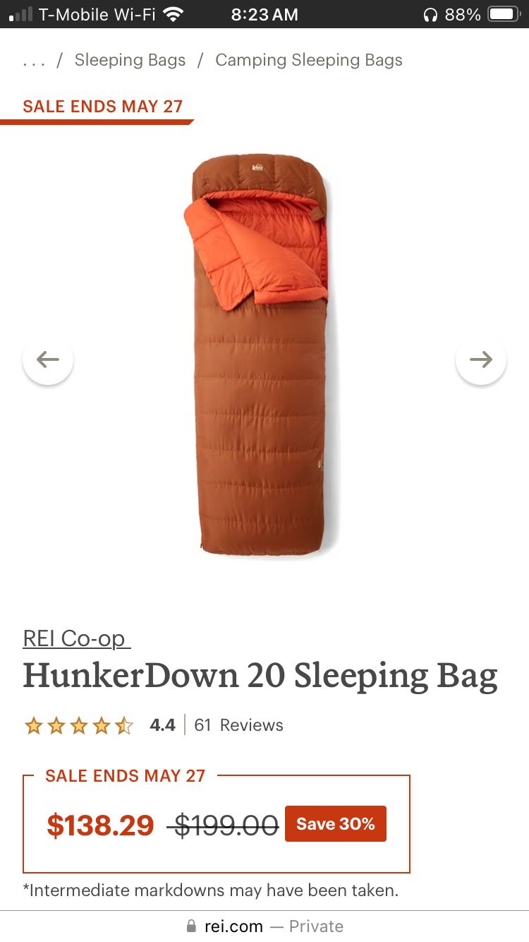 Rei Hunkerdown 20 Degree Sleeping Bag Long