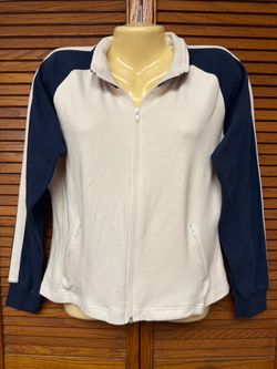 Moda International L Women’s White & Navy Blue Activewear Warmup Zip Jacket