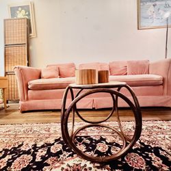 VTG POWDER PINK VELVET TUFTED COUCH BY DREXEL (comes W/Bohog Ottoman & Persian Rug