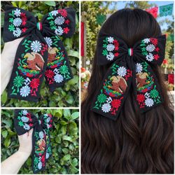 Mexican Independence Day Black Tricolor Hair Bow - Moño  Escudo Nacional Mexicano Tricolor