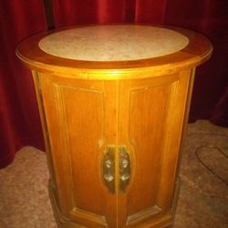 Vintage Marble Top End table With Storage And Brass Handles