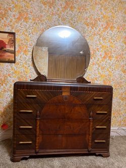 Vintage 1930s Art Deco Waterfall Dresser with Round Mirror