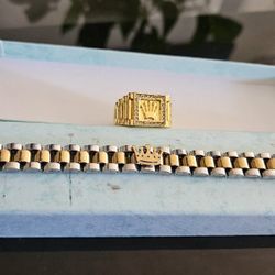 Mens 8 Inch Stainless Steel Gold Plated Bracelet And Ring Set 