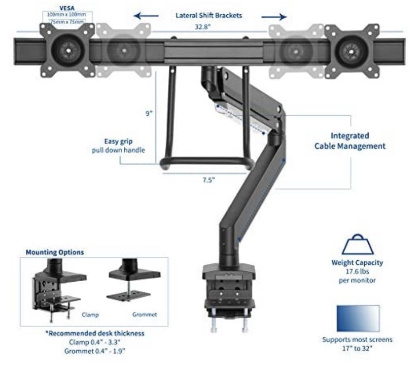 VIVO Dual VESA Monitor Desk Mount, Pneumatic Height Adjustment, Pull Handle