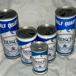 Vintage collectors Bavarian Busch cans in assorted sizes.
