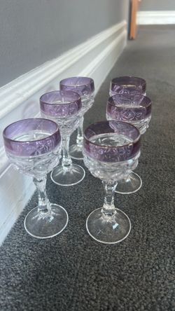 Vintage Lavender Purple Flash Cut-to-Clear Floral Stemmed Cordial Glasses, Set of 6