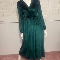 New small green velvet long stretchy dress poof sleeve button vintagevh