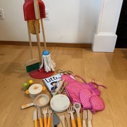 Wooden Toy Cookware and Broom Mop Set