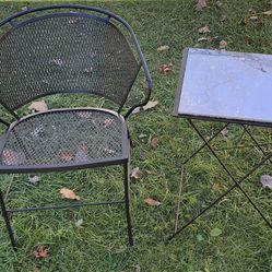 Wrought-Iron Woodard Chair with Folding Marble Top Table.