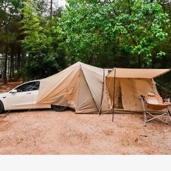 ACtent for Tesla Model 3&Y, Pop-Up SUV Tent w. Awning for Car Camping, Connects to Tesla Tailgate for Air-Conditioning, Sleeps 6 Adults, 10'x8.2' - De