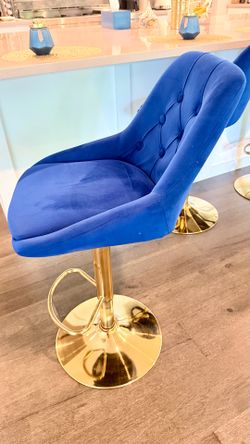 Like New Height Adjustable Swivel Bar Stools Blue Chairs with Gold Metal