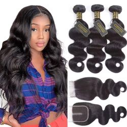 14A Grade Brazilian Virgin Hair Body Wave 3 Bundles with Closure(20 22 24+18") B