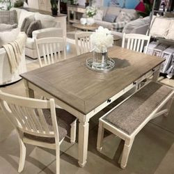 Two Tone White Natural Brown Rectangular Dining Table Bench