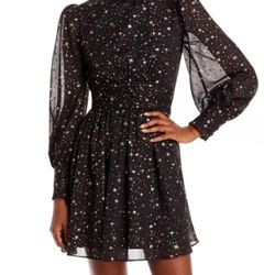 NEW WITH TAG AQUA Metallic Stripe Star Mini Print Dress in BLACK & GOLD Size XS