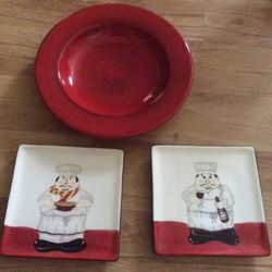 Red Bowl And Set Of Two Chef Plates New