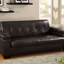 Brand New Espresso Leather Futon Sofa With Storage Built In Cup Holders 