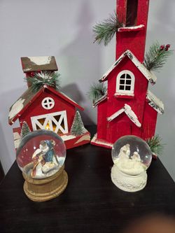 Christmas Nativity Snow Globes and Wooden Houses Set