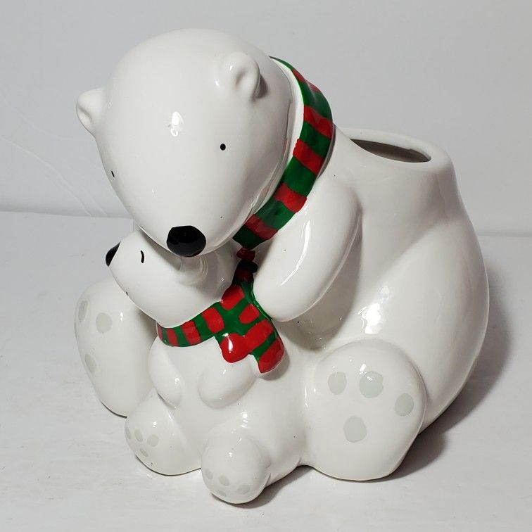 Polar Bear and Baby Planter Vase Winter