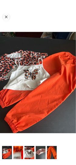 Girls Orange Jogger Matching Set with Butterfly Tank and Leopard Tee