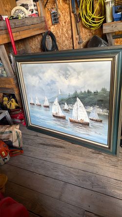 Framed Sailboat Oil Painting