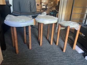 3-Piece Solid Wood Round Stools, No Assembly Dining Chairs, Walnut