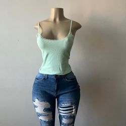 New Cute Stretchy Pastel Green Crop Camisole Top