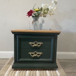 Refinished Vintage Oak Nightstand – Deep Green w/ Wood Top & Brass Hardware