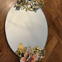 Oval Tabletop Perfume Mirror with Beautifully Enameled and Bejeweled Butterfly and Floral Handles