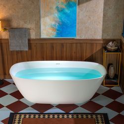 B0048  66-7/8" L x 32-5/8" W Luxury Contemporary Solid Surface Stone Resin Freestanding Bathtub in Matte White