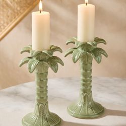 Pair Of Green Palm Leaf Taper Candlesticks 10"H With Tapers