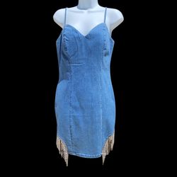 Women’s Denim  Dress, Rhinestone Fringe, M/L