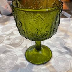 FTD Vintage 1975 Avocado Green Glass Oak Leaf Pedestal Compote Candy Dish Vase