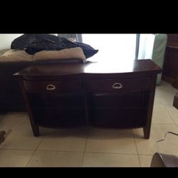 Dark Cherry wood tv stand console with glass shelves at bottom