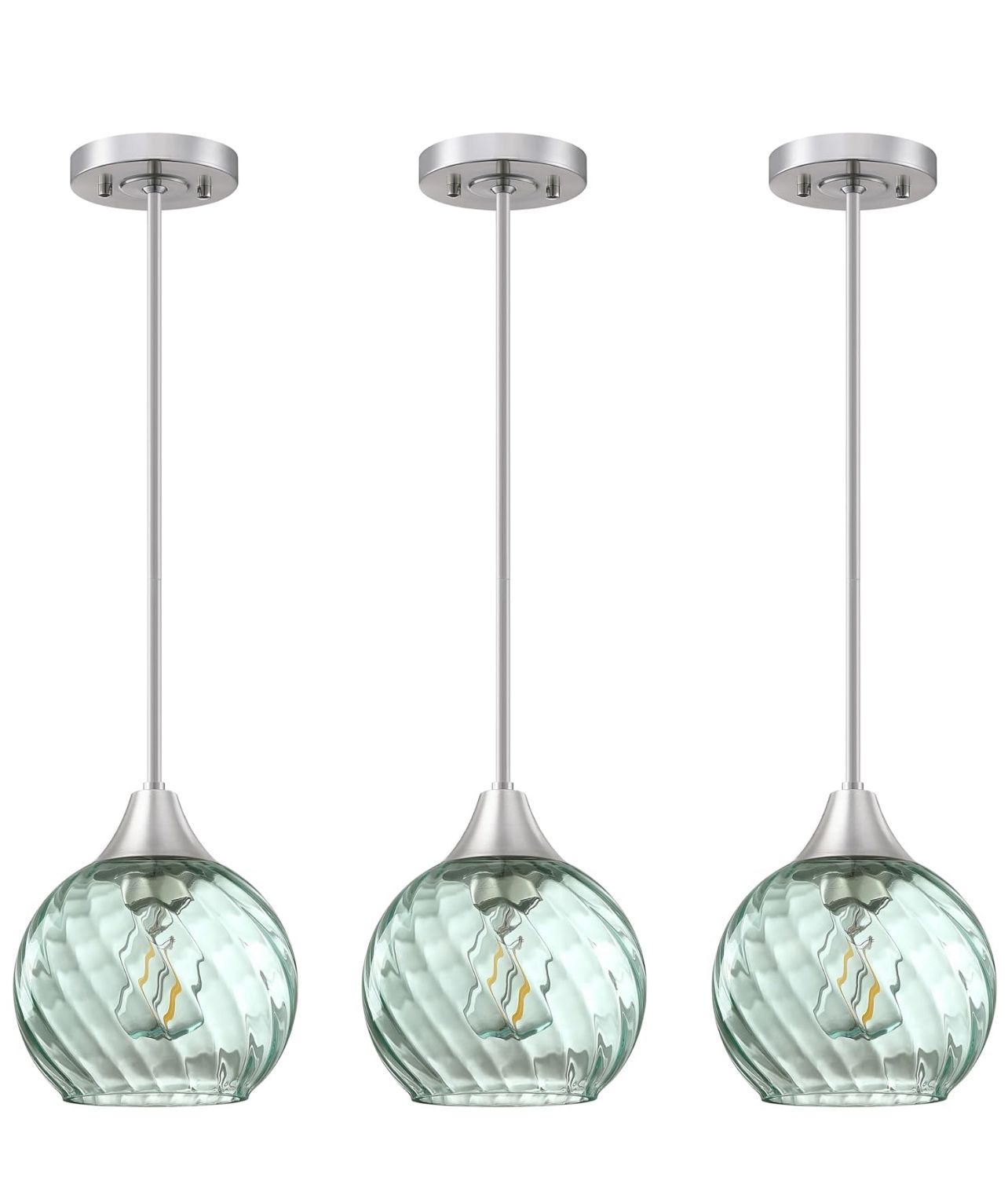 3 Pack 1 Light Hanging Indoor Kitchen Island Pendant Light 6.25" Clear Stripe Green