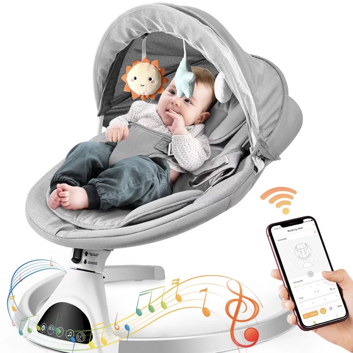 Baby Swings for Infants - Exclusive App & Bluetooth Function, Electric Baby Swing with 5 Point Harness & 5 Sway Speeds, 10 Preset Lullabies, Portable