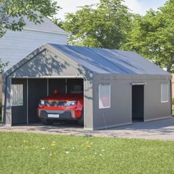 13x26 FT Heavy-Duty Carport Canopy with 2 Roll-Up Doors, 1 Side Door, Removable End Walls & Windows, Portable All-Weather